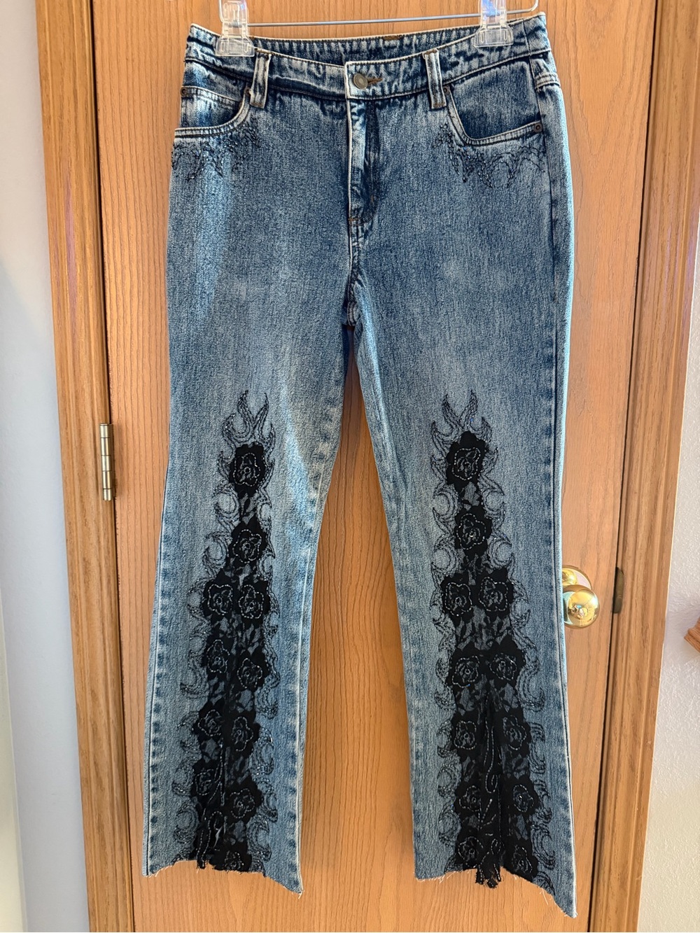 Vintage Jeanology Black Embellished Lace Acid Wash 100% Cotton Jeans Women Sz 4